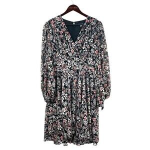 Tommy Hilfiger Women Sz 12 Black Floral Dress Balloon Sleeve Faux Wrap Sheer U4